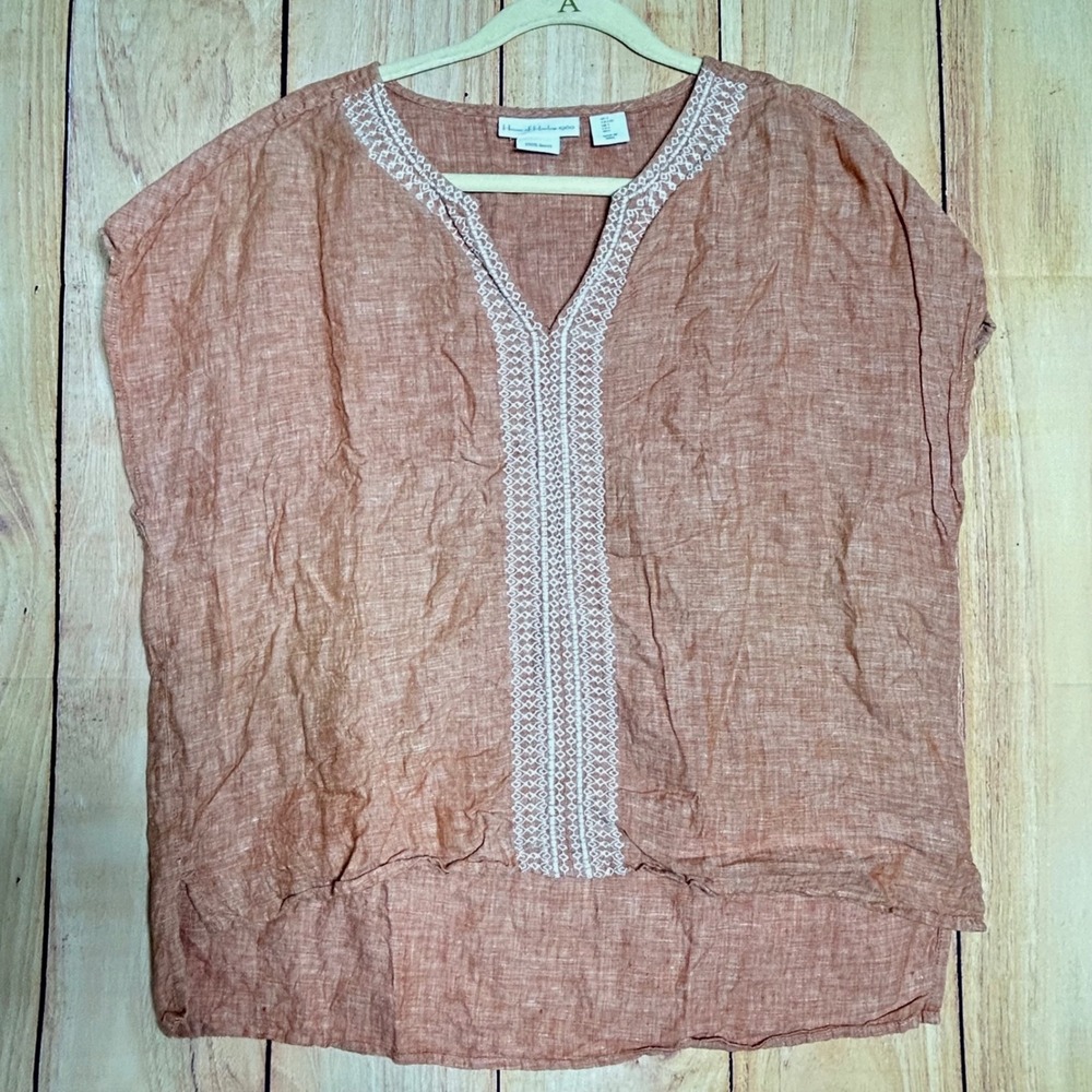 House of Harlow Linen Top‎ Womens L Terracotta Embroidered Boho Summer Boxy